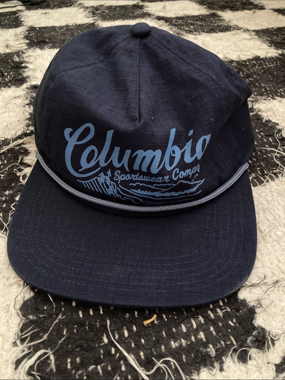 Columbia Navy Cap with Light Blue Script Logo and Rope Trim Adjustable One Size